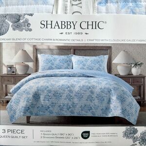 Shabby Chic 3-Piece Queen Quilt Set Blue Floral Cottagecore Gauze Bedding New
